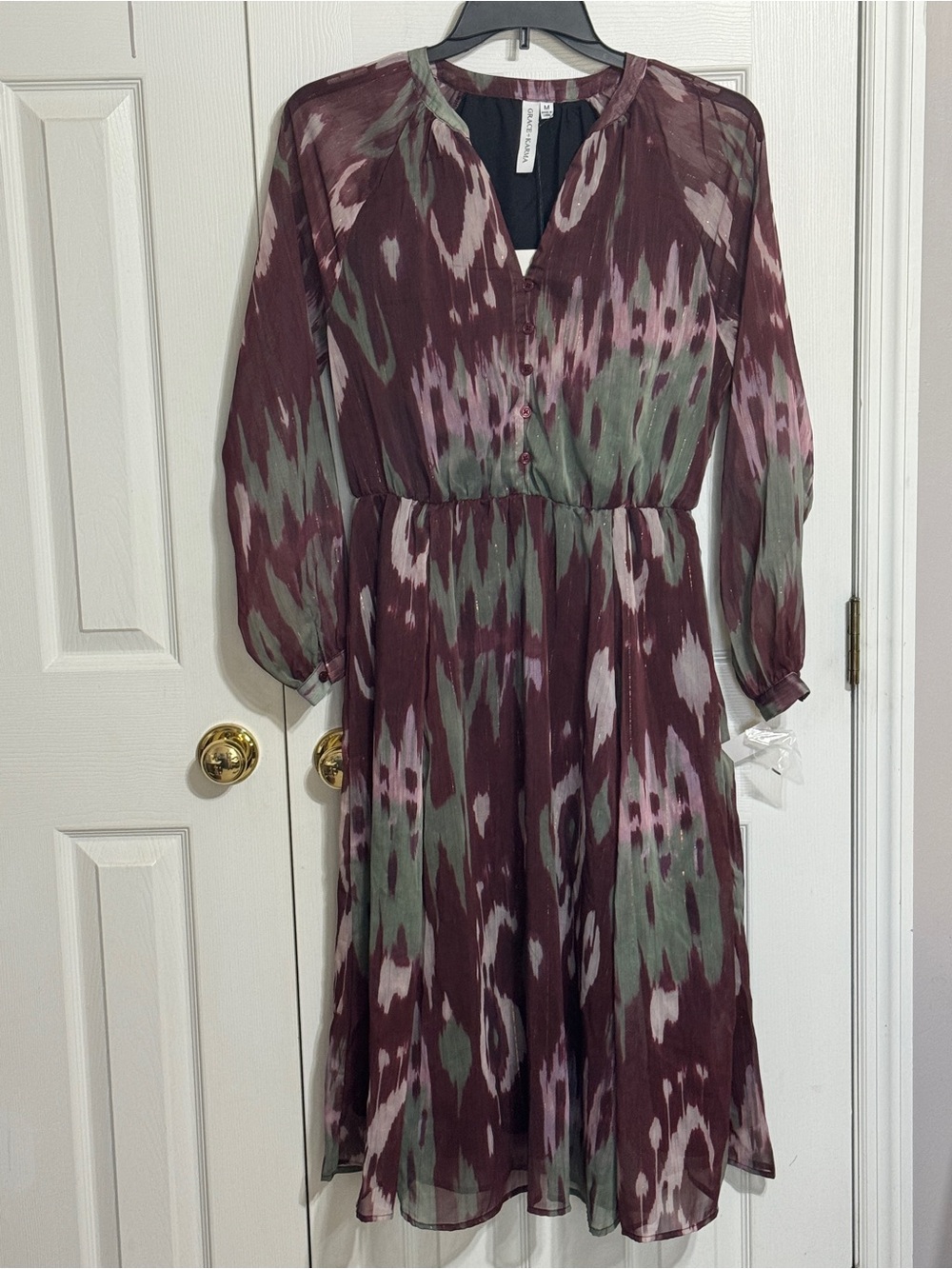 Women’s Burgundy & Olive Patterned Long Sleeve Midi Dress